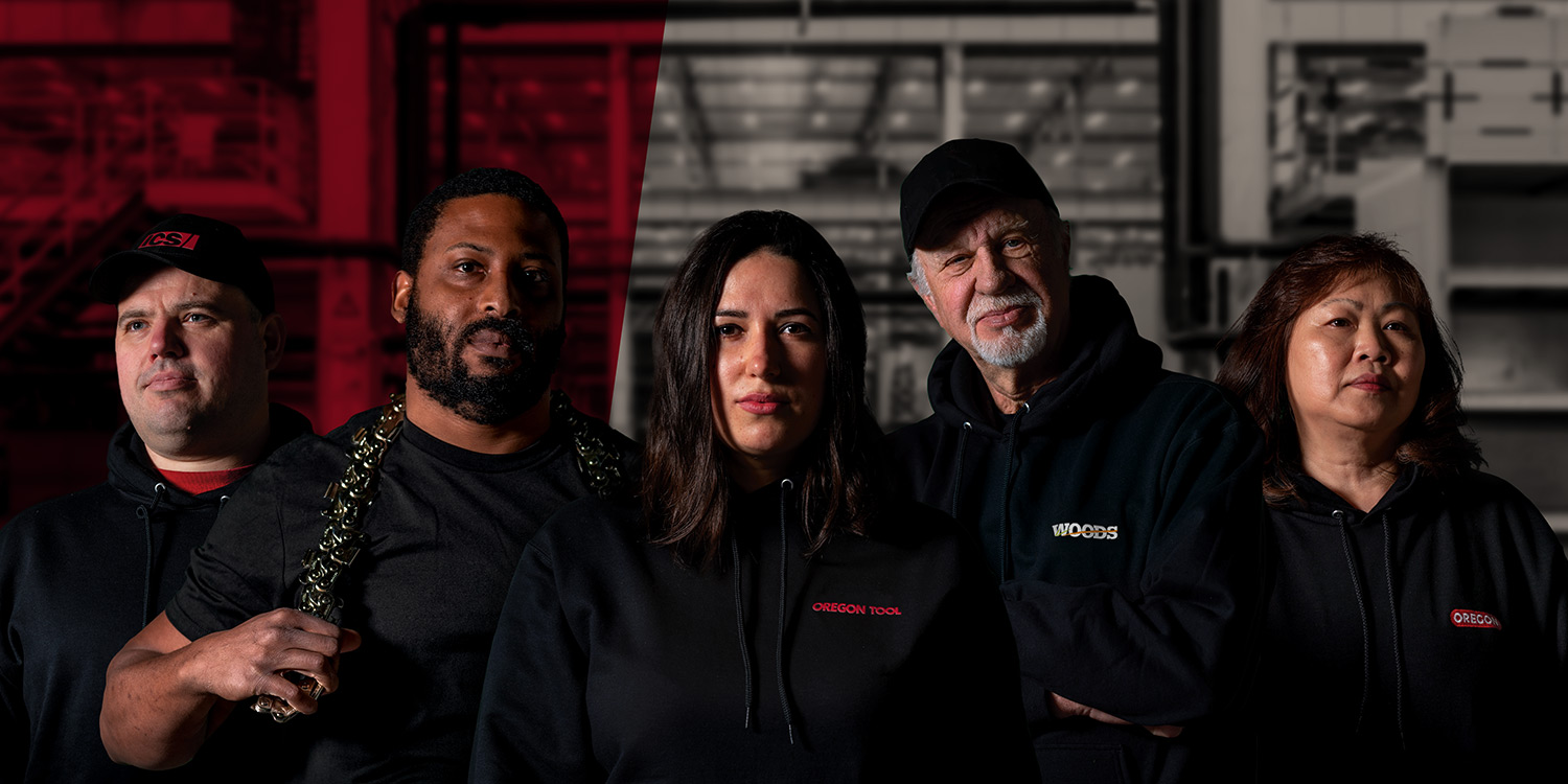 three men and two women standing, wearing black sweatshirts with an Oregon logo, Woods logo and ICS logo.